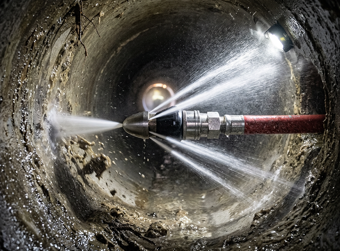 Nozzle emitting high-pressure water jets inside a dirty sewer pipe for cleaning